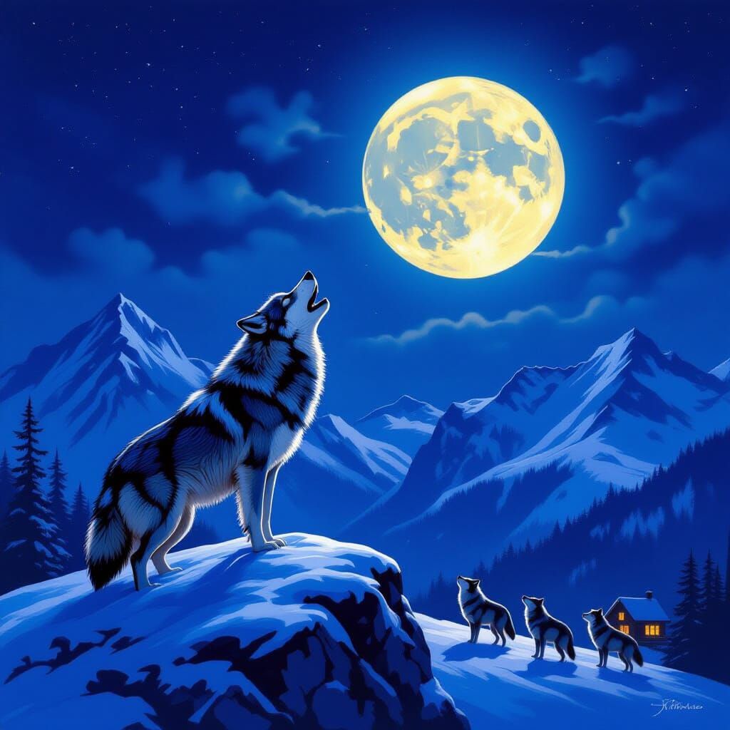 Wolf Pack Howling at Luminous Moon on Snowy Peak