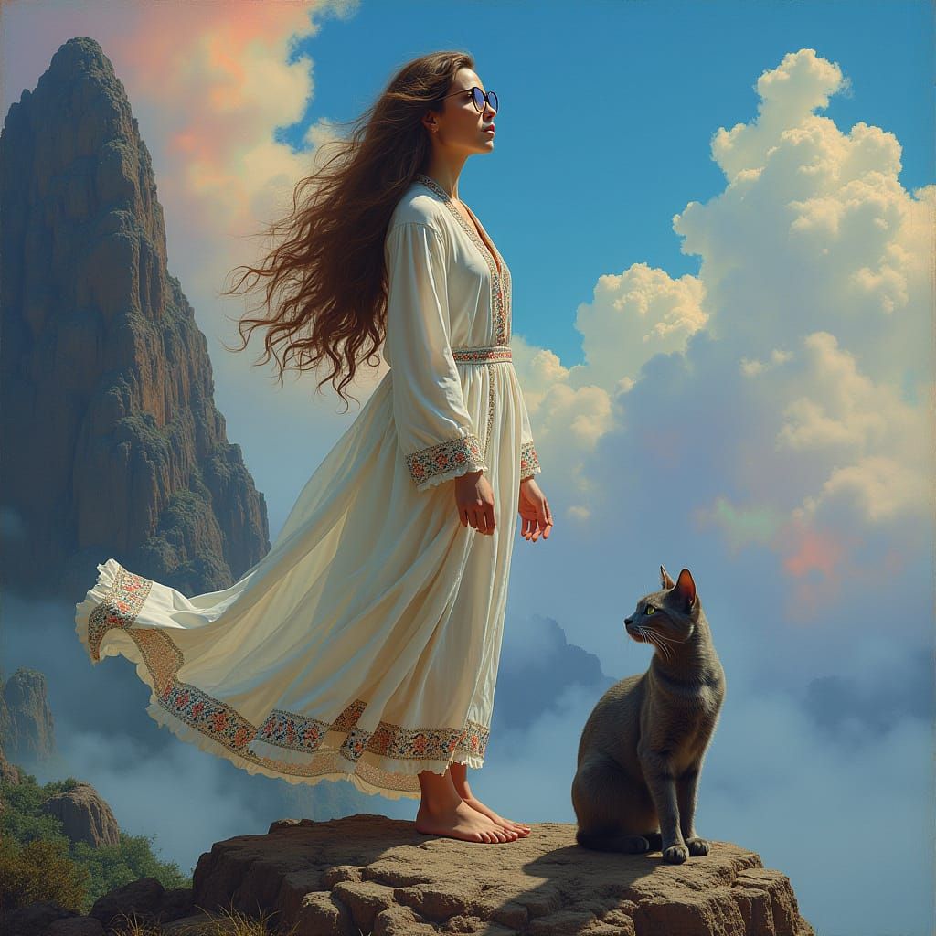 Ethereal Goddess Surveys Psychedelic Mountainscape