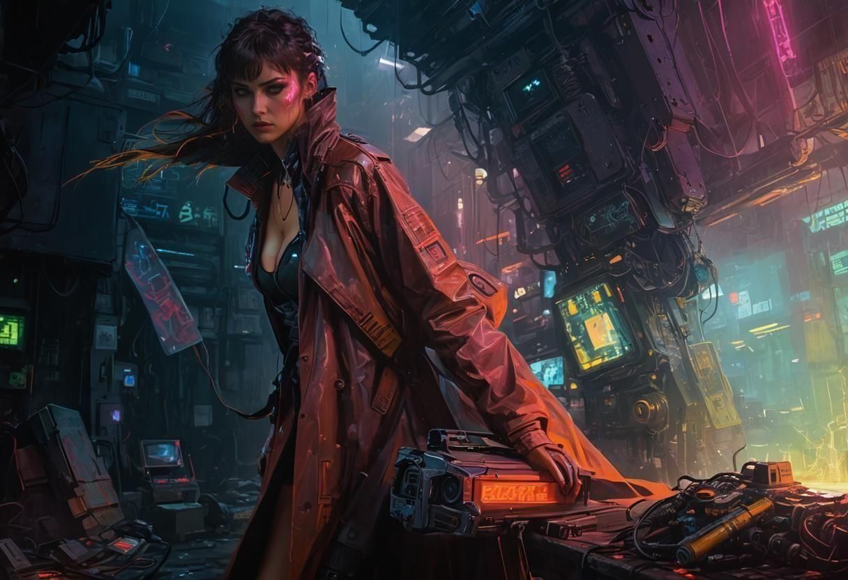 Cyberpunk Workshop Scene with Neon Graffiti