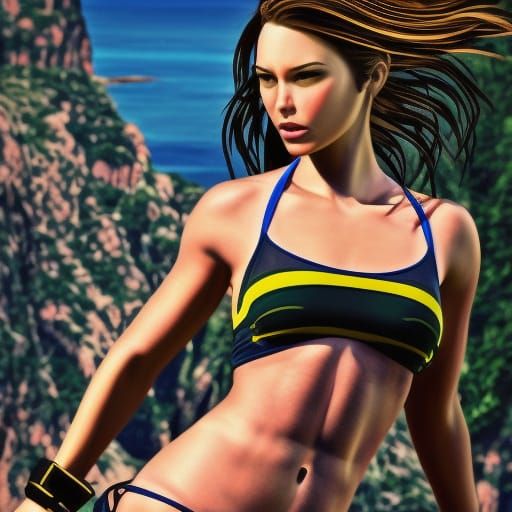 Lara Croft Portrait on a Beach in Detailed Realism