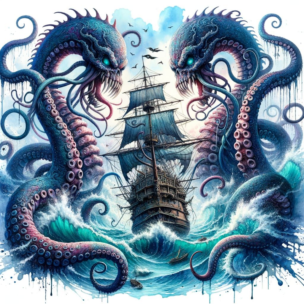 Kraken Tentacles Pulling Pirate Ship: Watercolor Painting