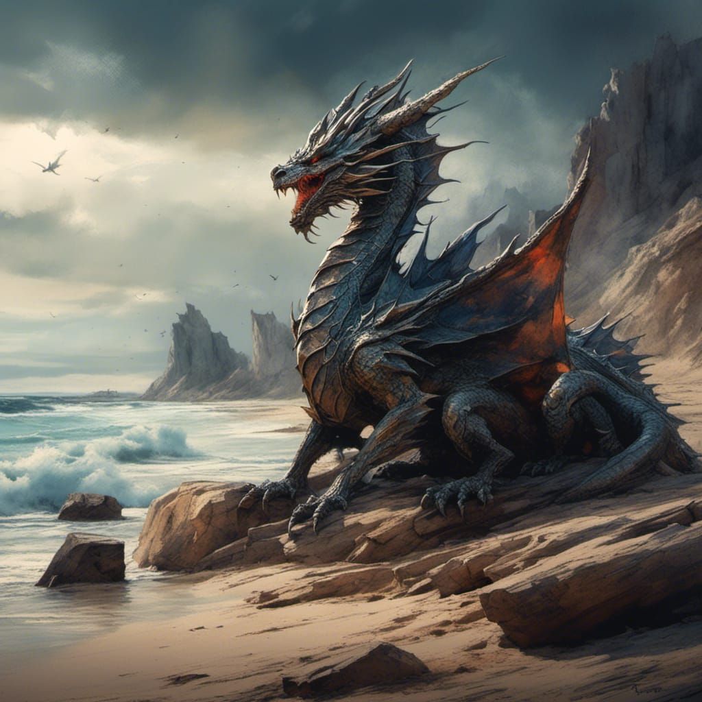 An angry dragon on a beach