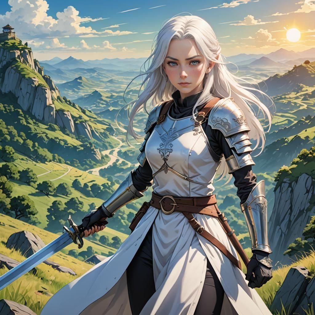 Anime Lady Adventurer on Sunny Hillside