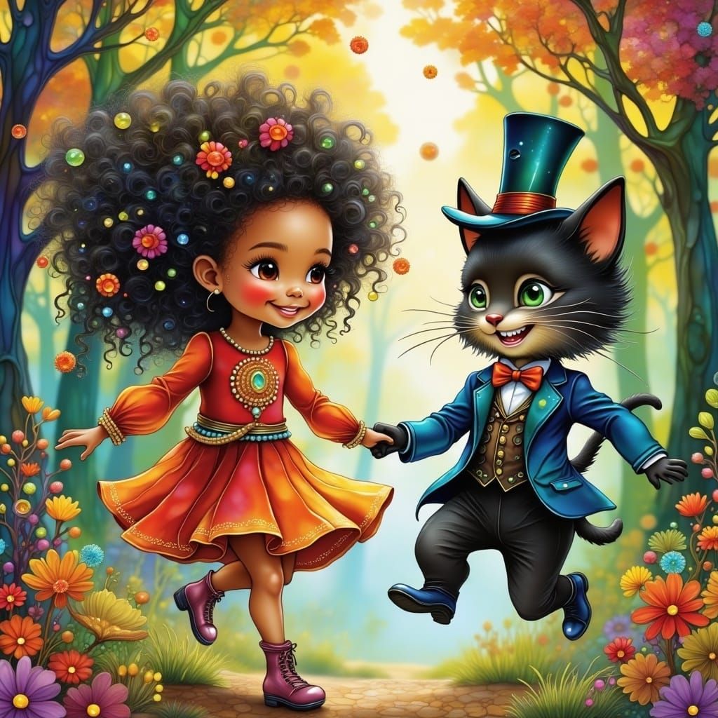 Whimsical Girl and Her Dandy Cat Friend in the Woods
