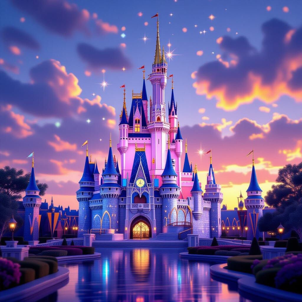 Crystal Disney Castle at Sunset, Realistic Fantasy Art