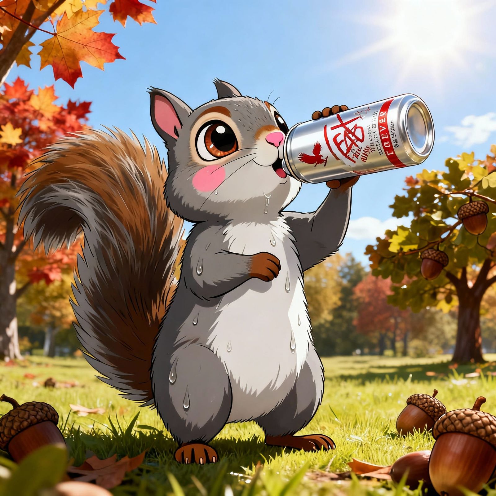 Sweating Squirrel Drinks FAB X Under Sunny Maple and Acorn T...