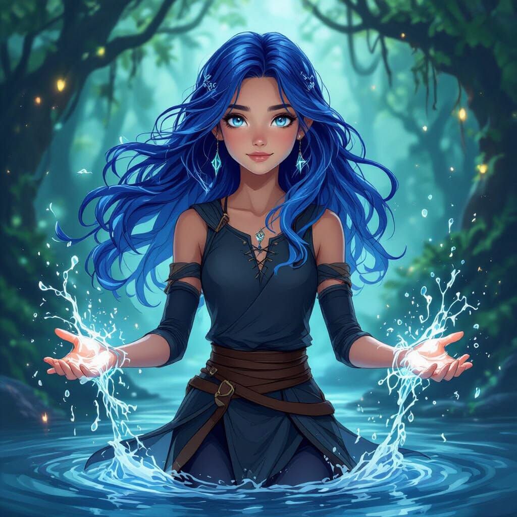 Hydrokinetic Teenager with Sapphire Hair in Bioluminescent F...