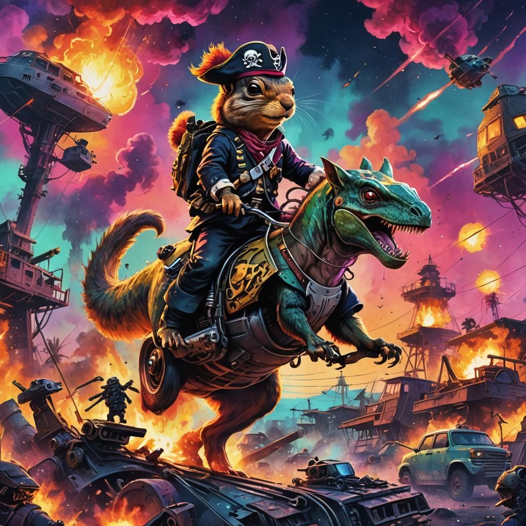 Pirate Squirrel Rides T-Rex in Watercolor Style