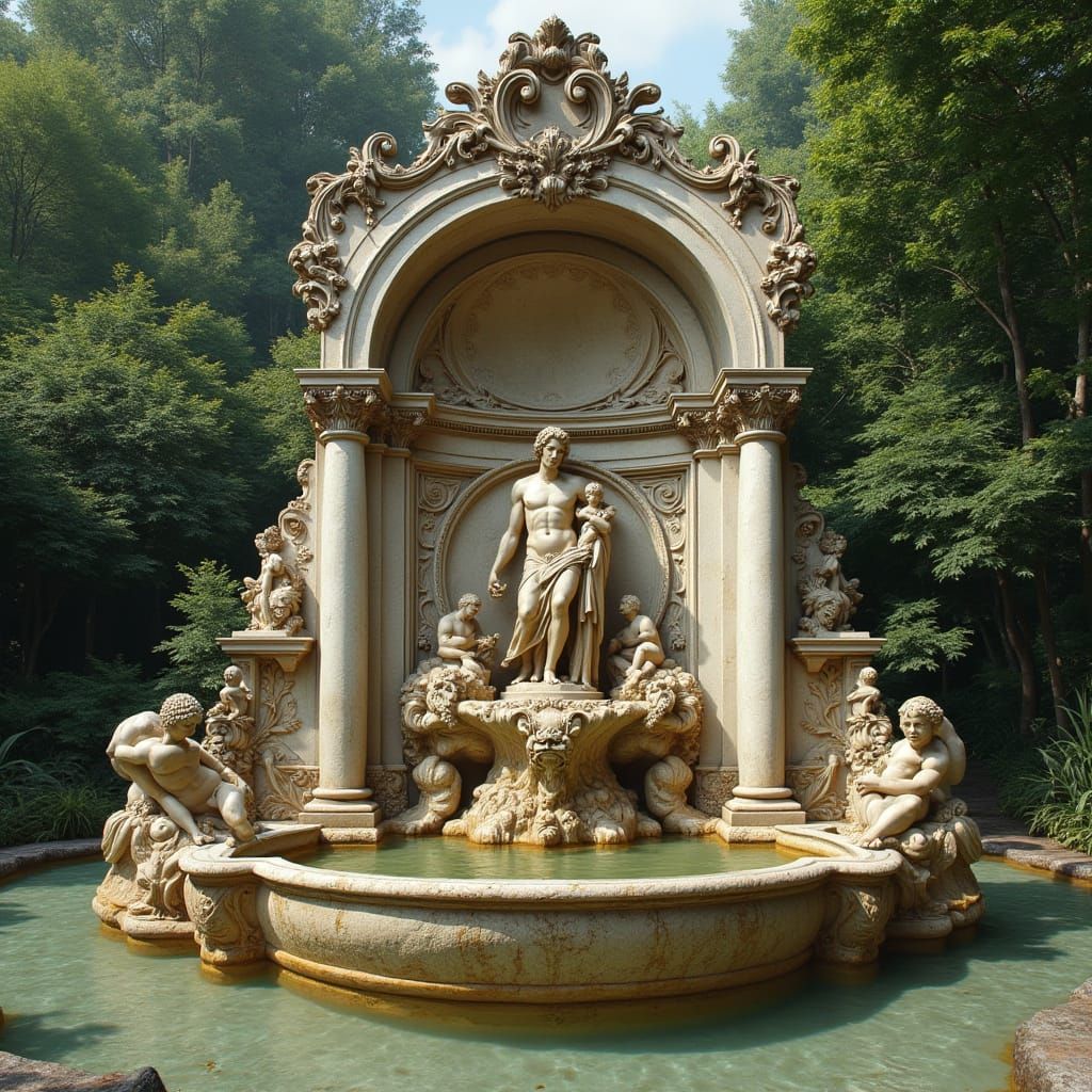 Hyperrealistic Fontaine Romaine in Lush Gardens