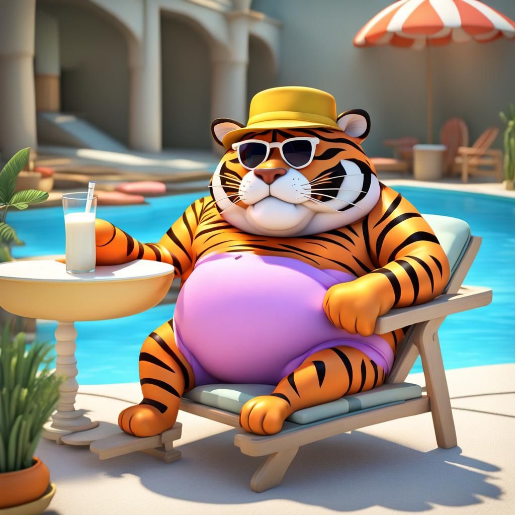 Fat Tiger Lounging at Cat Resort in 3D Cartoon