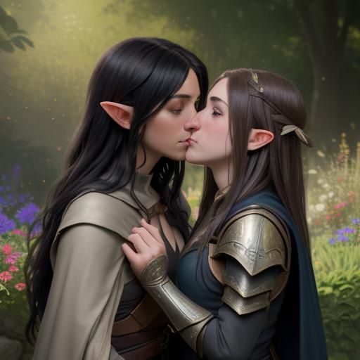 Elf Wizard and Halfling Archer Kissing Portrait