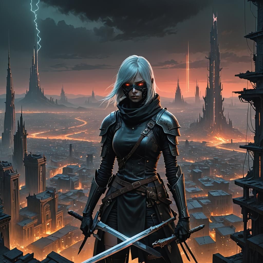 Android Warrior in Dystopian City as Surreal Digital Art