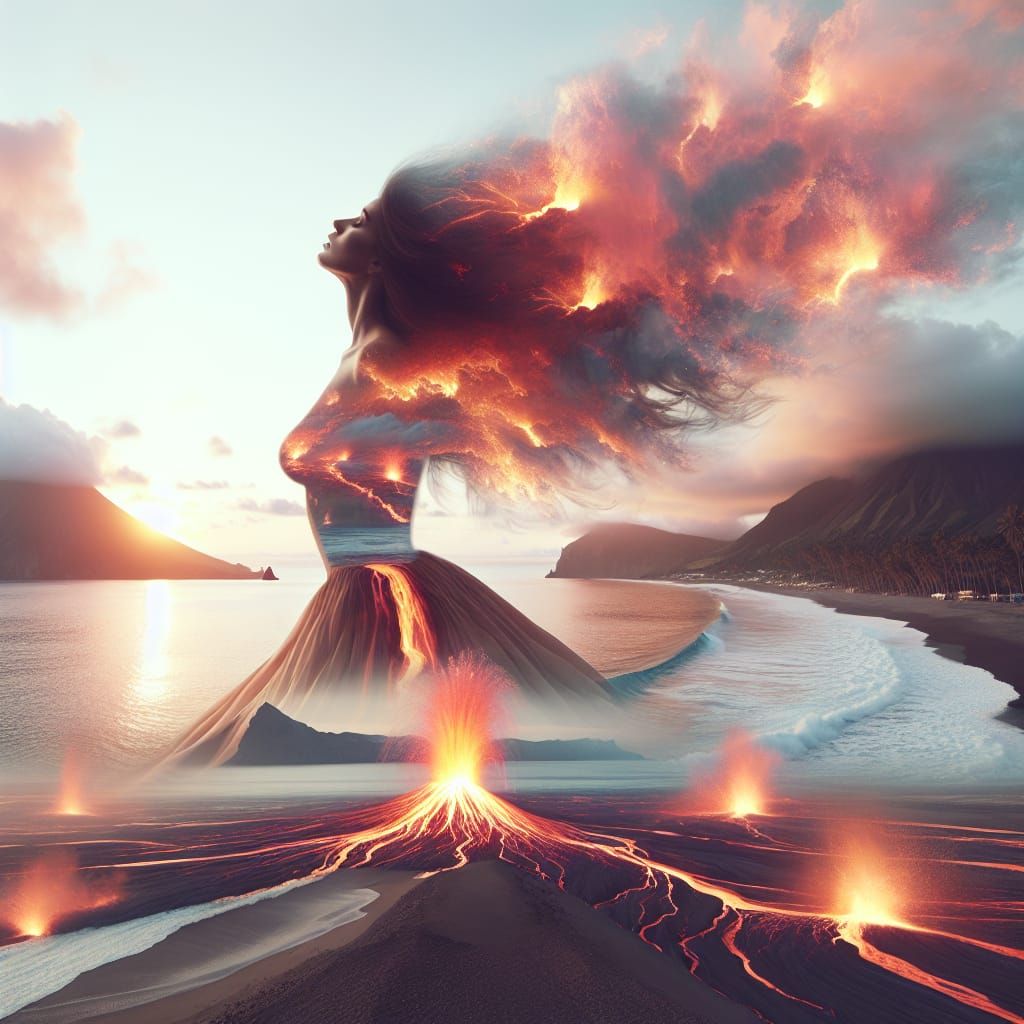 Volcanic Woman Double Exposure: Shoreline Eruption