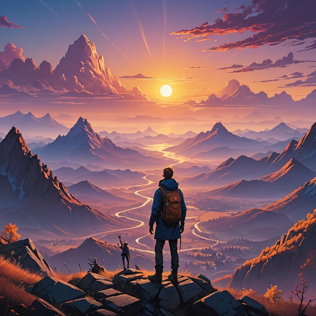 Traveler Embraces Sunrise Over Fantastical Landscape