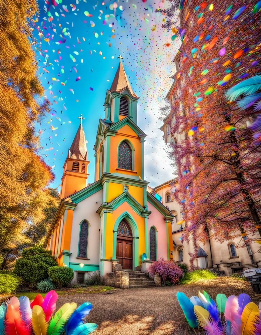 Vibrant Church with Multicolored Feathers and Confetti
