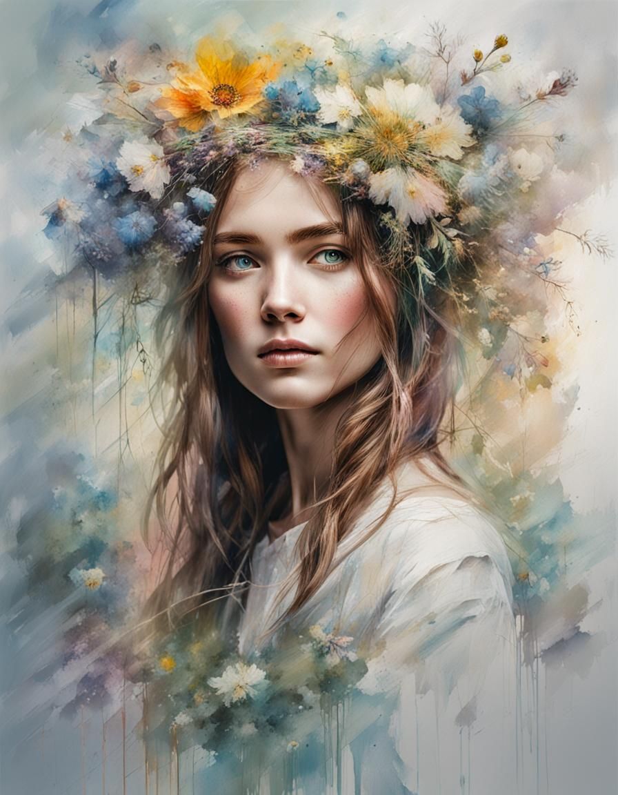 Bride with Wildflower Bouquet in Watercolor Style