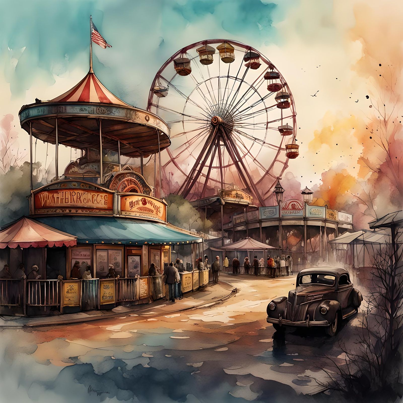 Abandoned Amusement Park: Watercolor and Ink Illustration