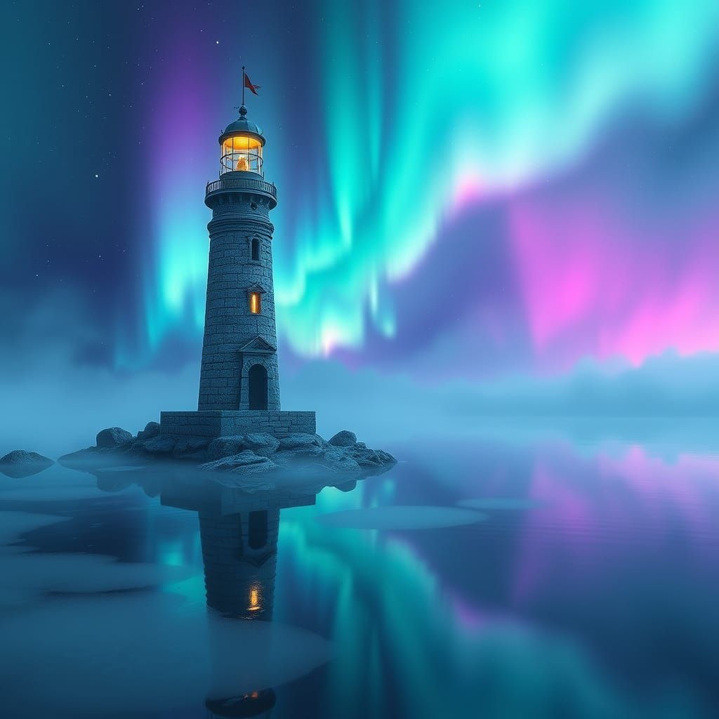 Surreal Lighthouse Reflects Celestial Ballet Over Sapphire L...