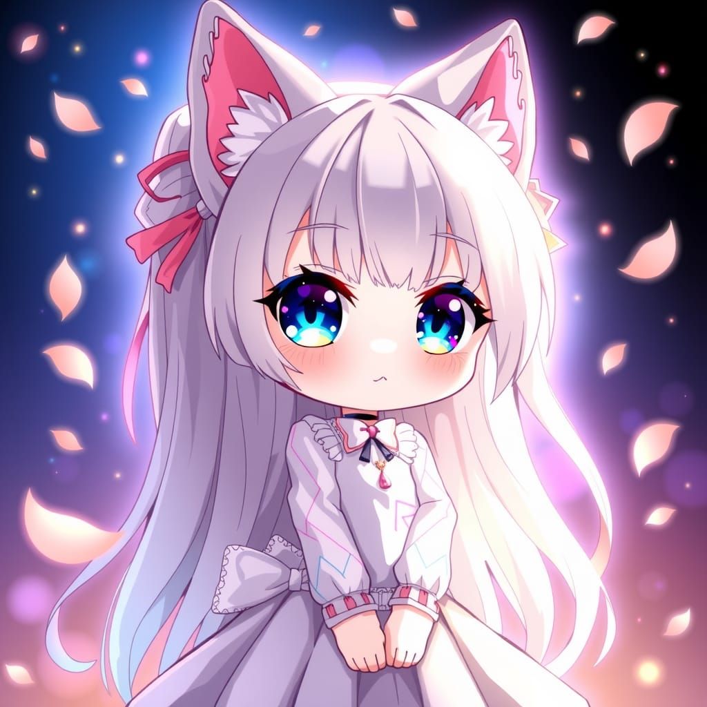 Adorable Chibi Catgirl with Rainbow Highlights