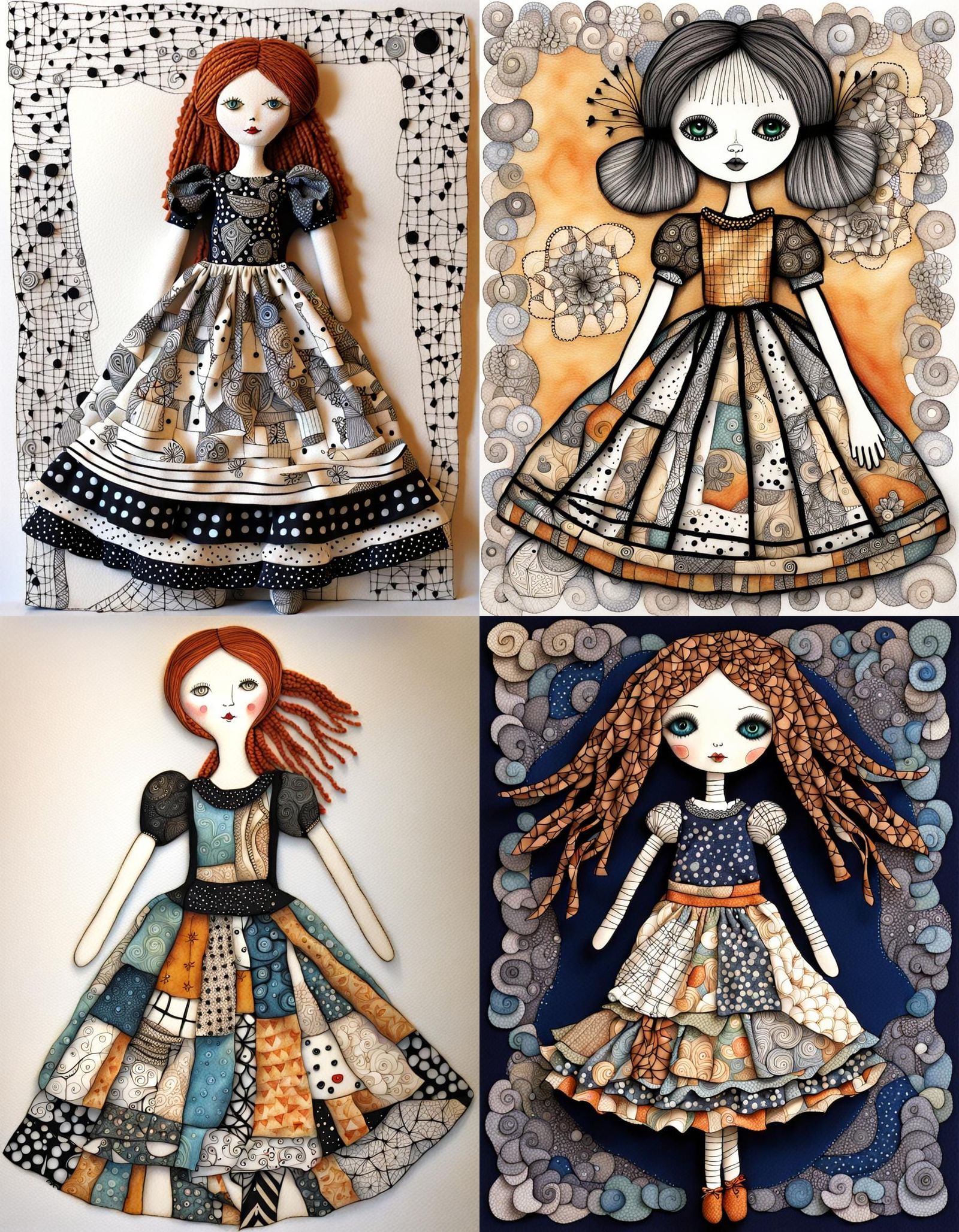 Whimsical Rag Doll in Surreal Zentangle Style
