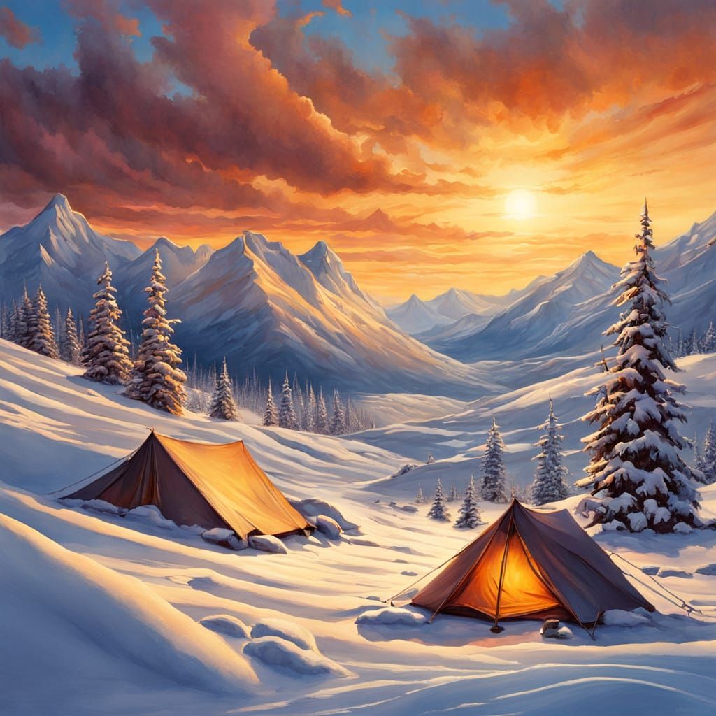 Surreal Winter Campsite at Sunset in Digital Watercolor Styl...