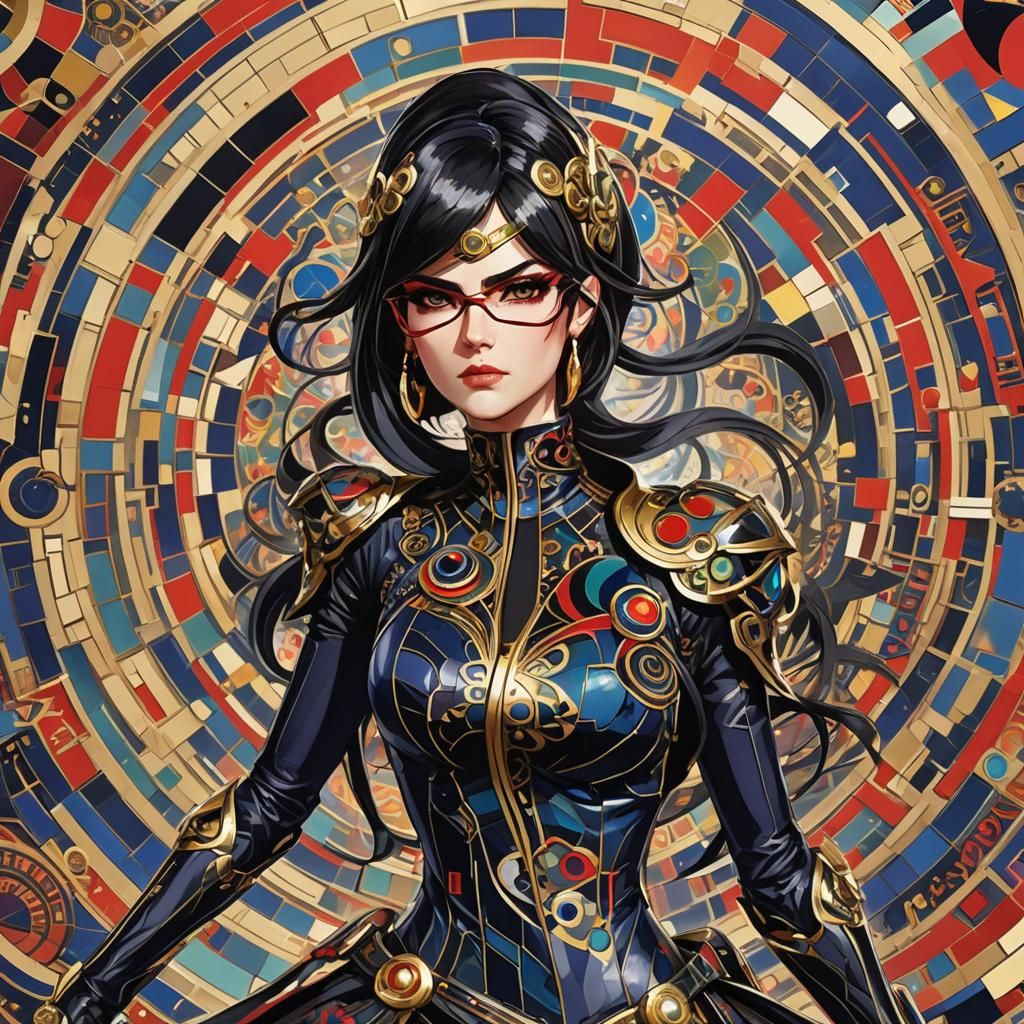 Dynamic Woman with Guns in Geometric Art Deco Style