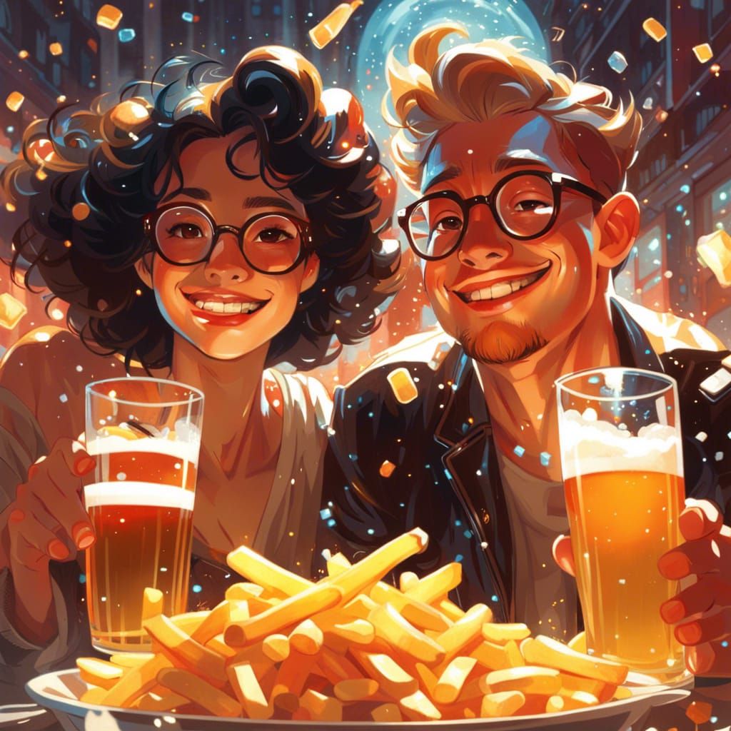 Cute Couple Cheers with Beer, Digital Art Style