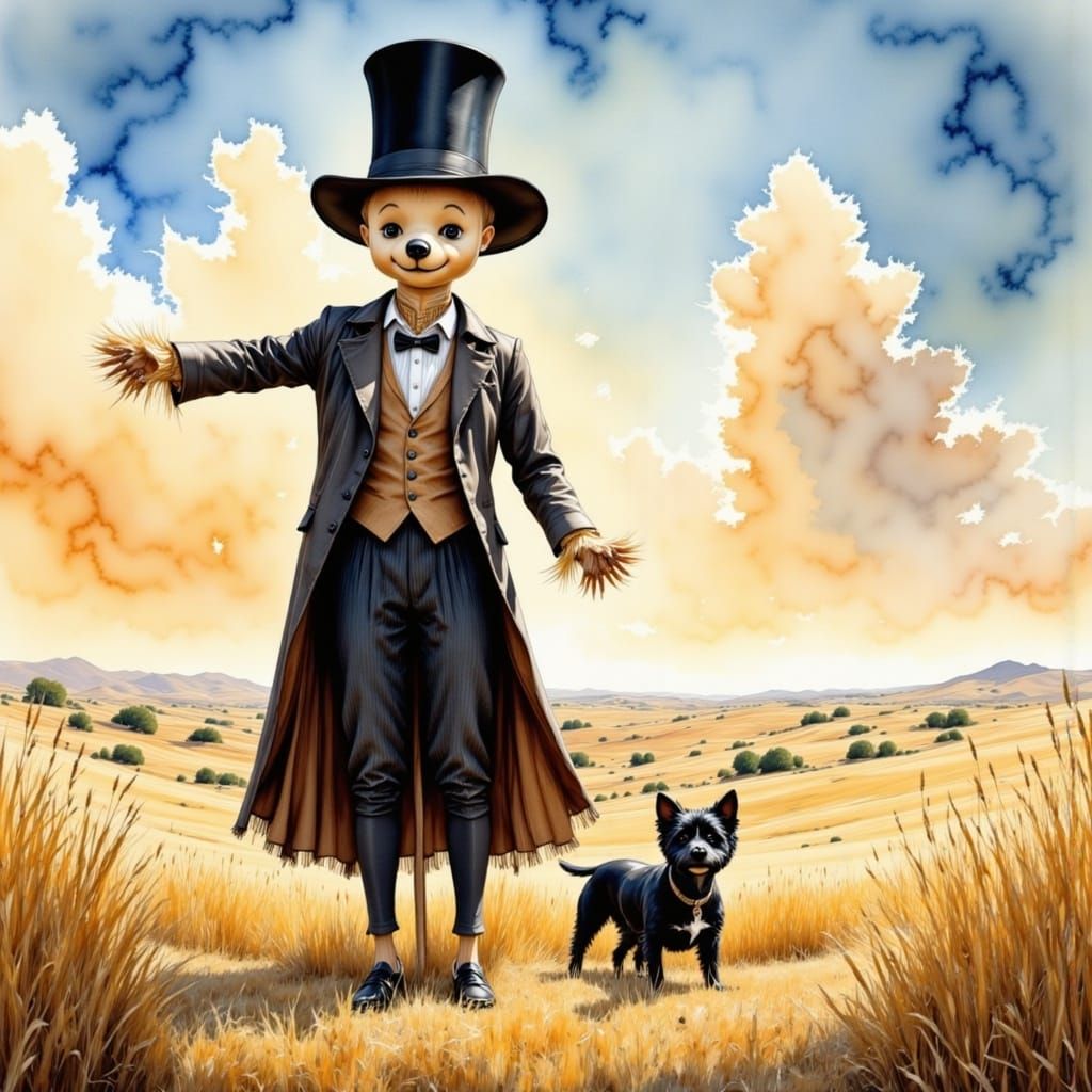 Scarecrow and Dog in Wheat Field