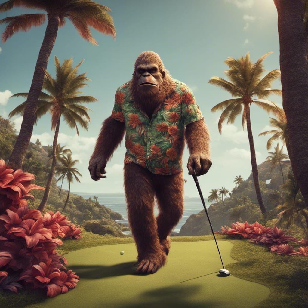 Bigfoot in a hawaiian shirt golfing