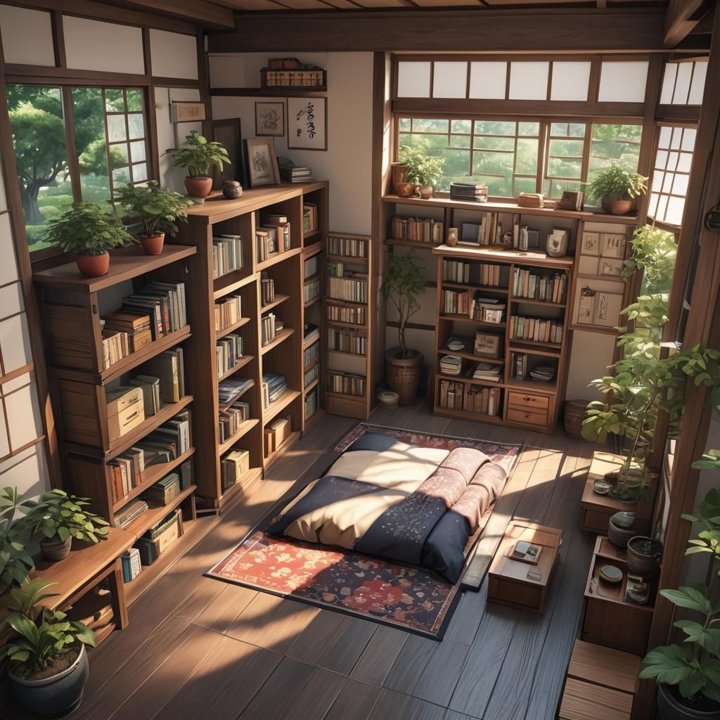 Japanese Bedroom with Garden View: 3D Anime Art