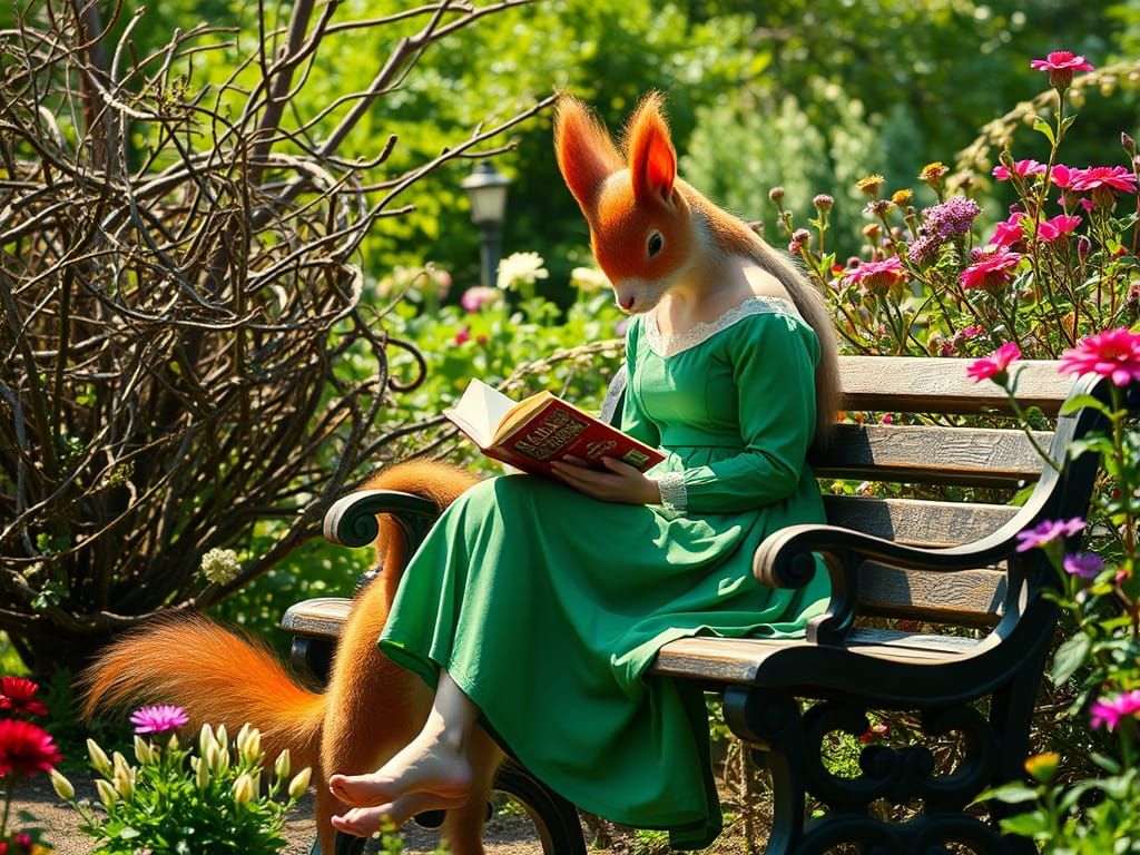 Squirrel Reads in Maximalist English Garden