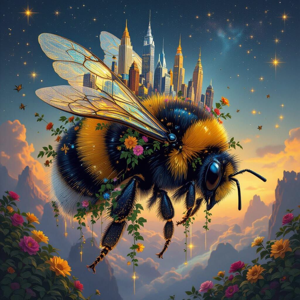 Colossal Bumblebee Flies Through Starry Night Sky