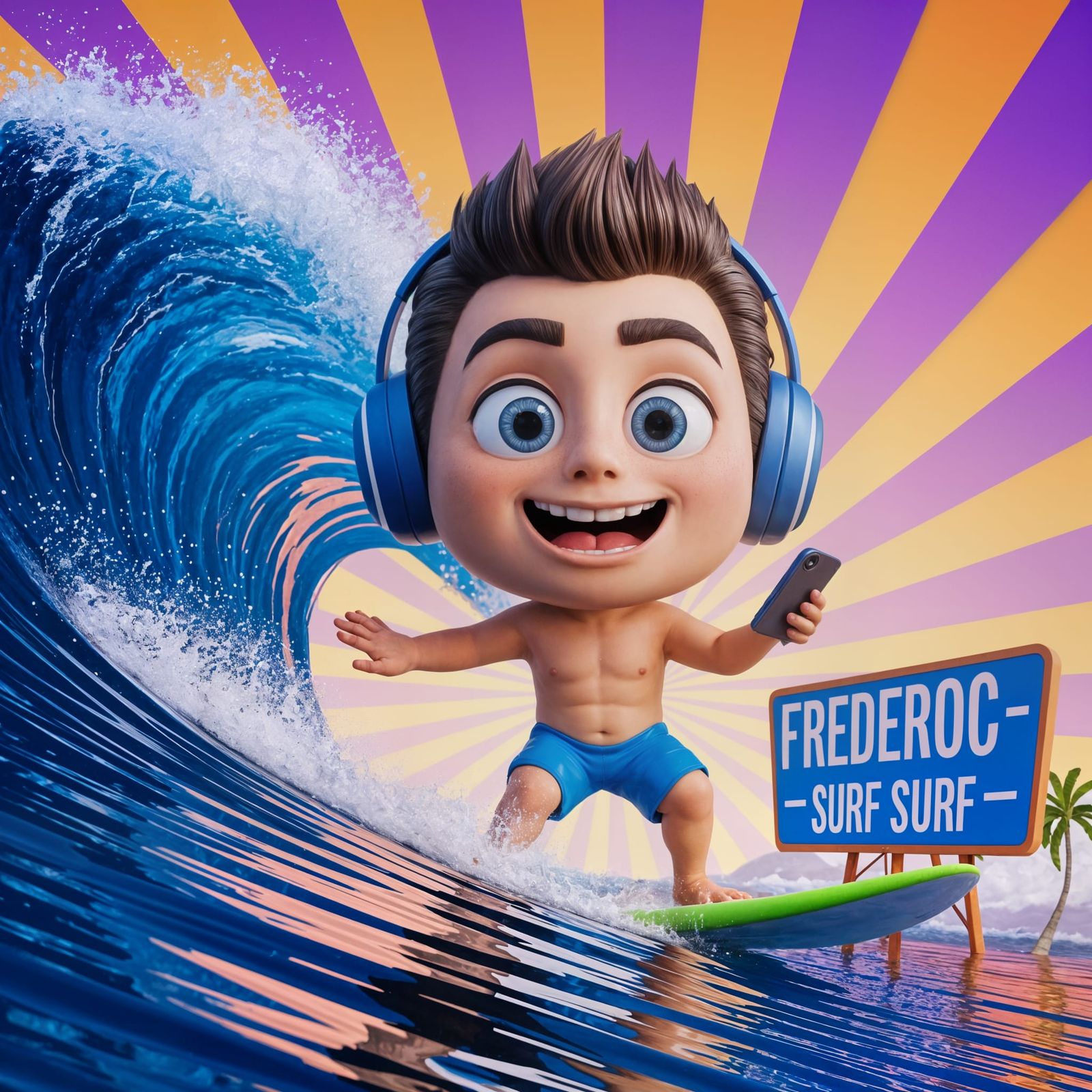 Chibi Surfer Boy Rides Wave in Pixar Style