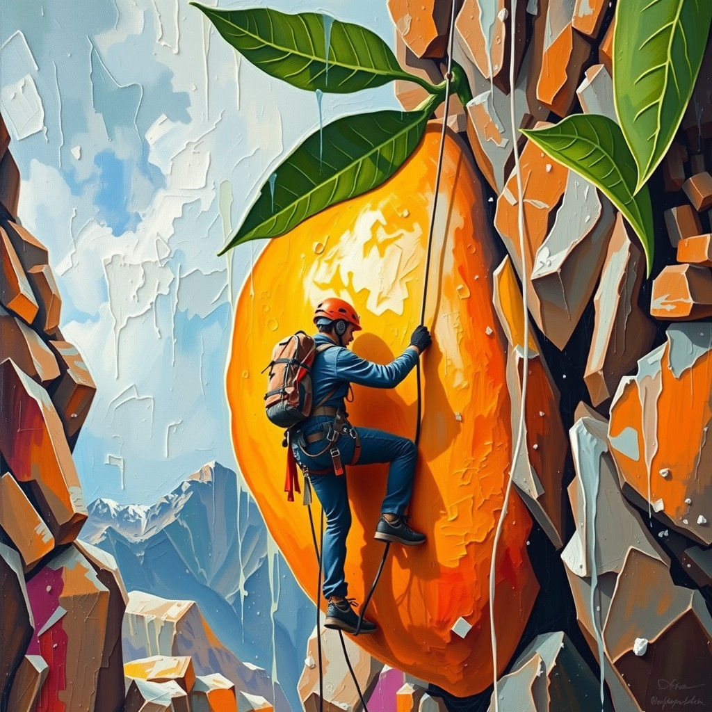 Rock Climbers Conquer Giant Orange in Expressionist Painting