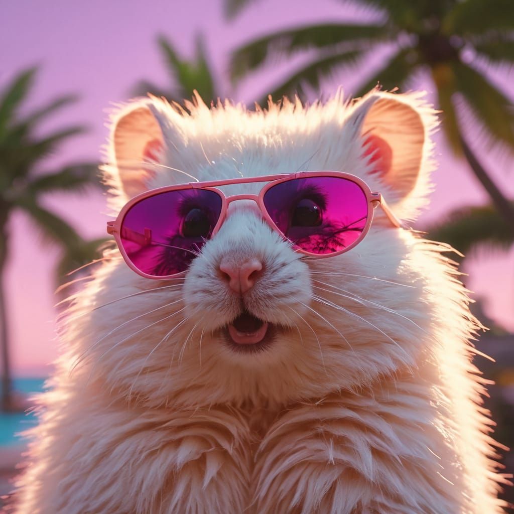 Vaporwave Hamster in Hawaii with Neon Sunglasses