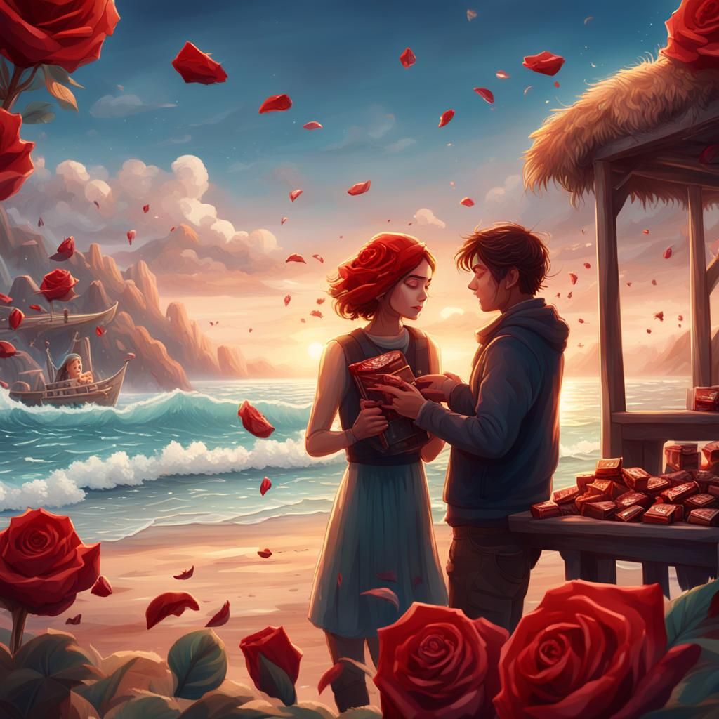 Girl with Rose Receives Chocolate on Beach