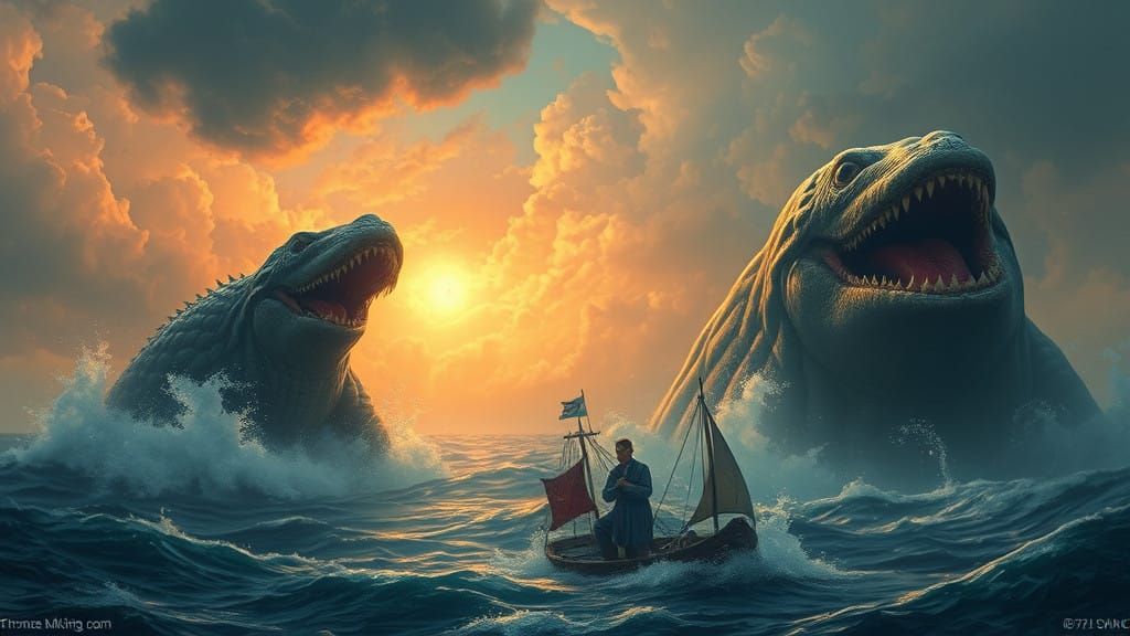 Giant Porpoise Battles Sea Monsters in Dark Fantasy Landscap...
