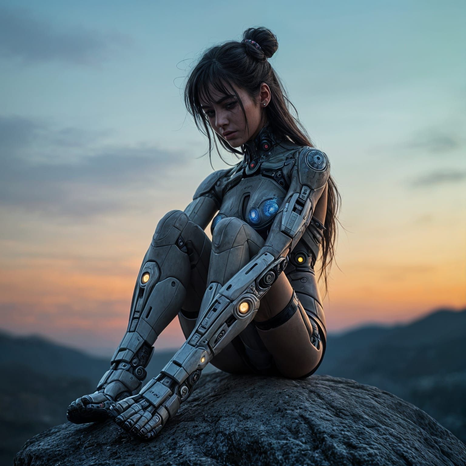 Cyborg Woman Sits in Evening Dystopia, Crying