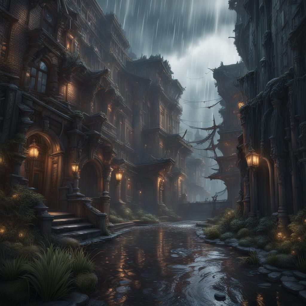 Rainy Fantasy Landscape in Detailed Matte Painting