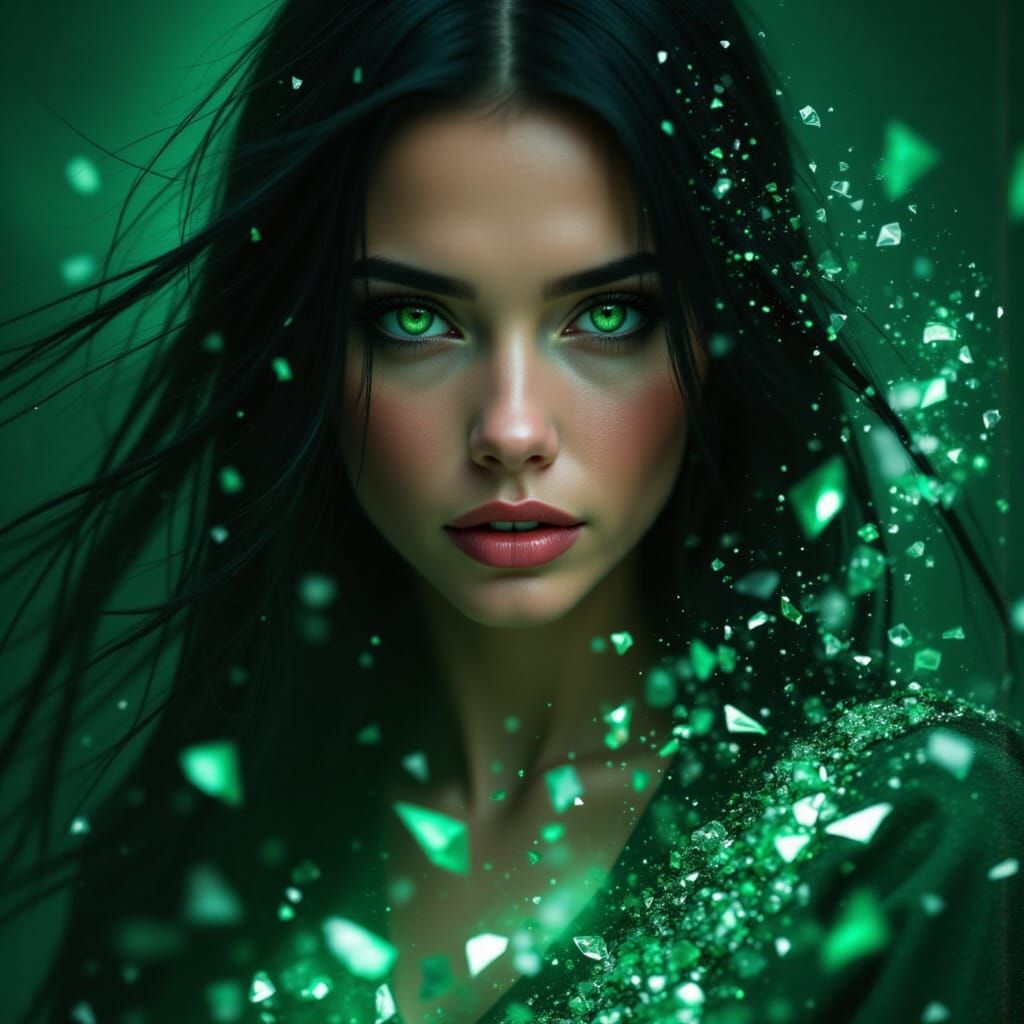 Emerald-Eyed Woman in Crystalline Cinematic Style