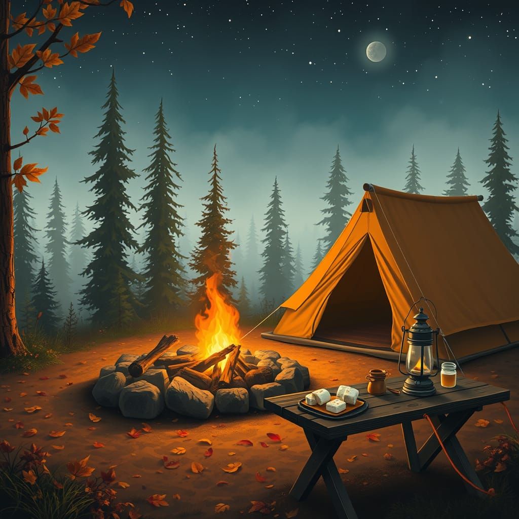 Golden Glow of a Cozy Autumn Campsite at Night