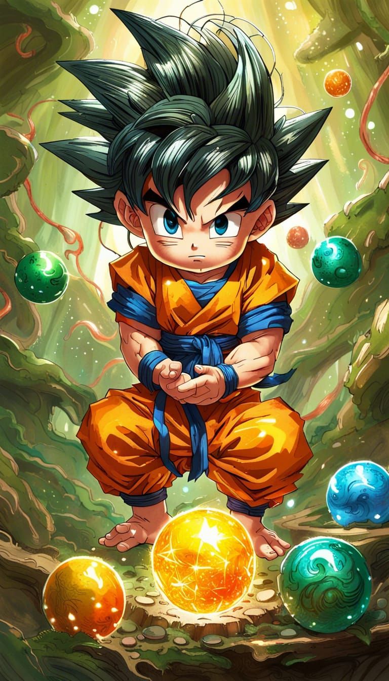 Chibi Son Goku with Dragonballs in Anime Style