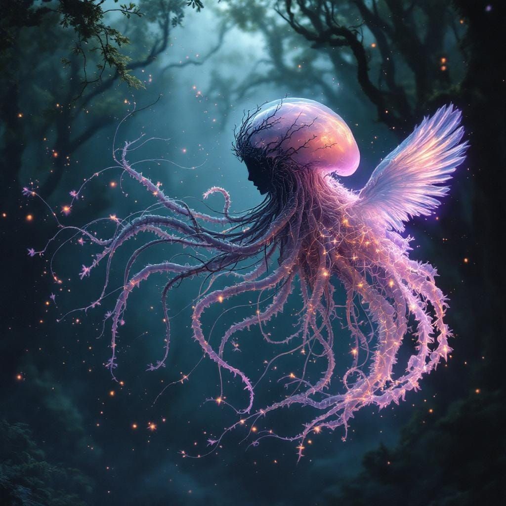 Surreal Transformation: Figure to Jellyfish-Bird Hybrid