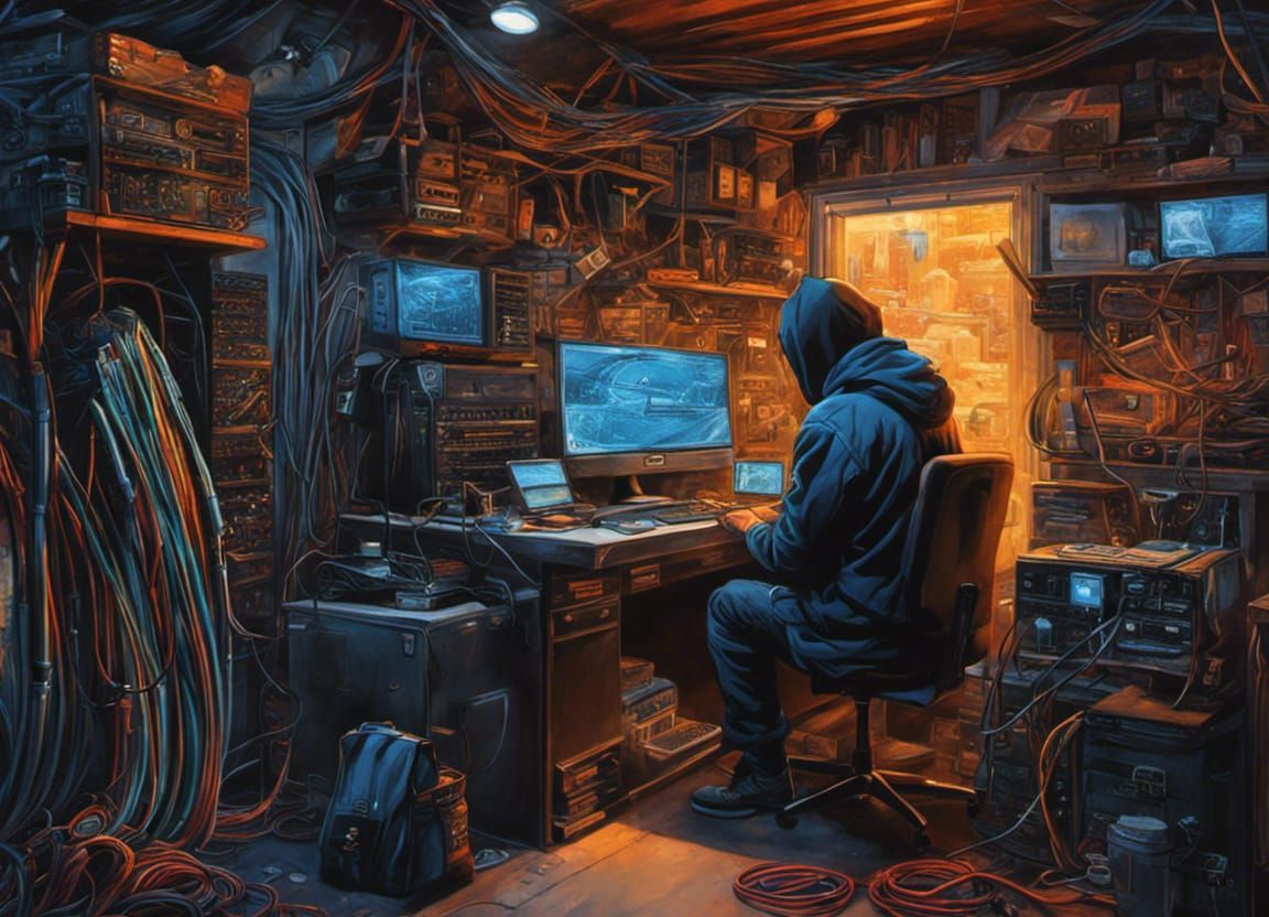 Hacker in Garage: Dystopian Digital Painting
