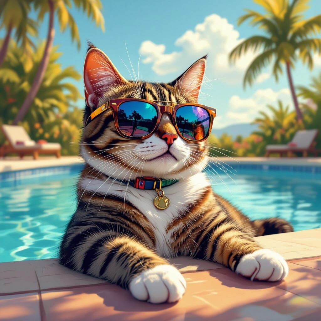 Cool Cat Lounging Poolside in Sunglasses
