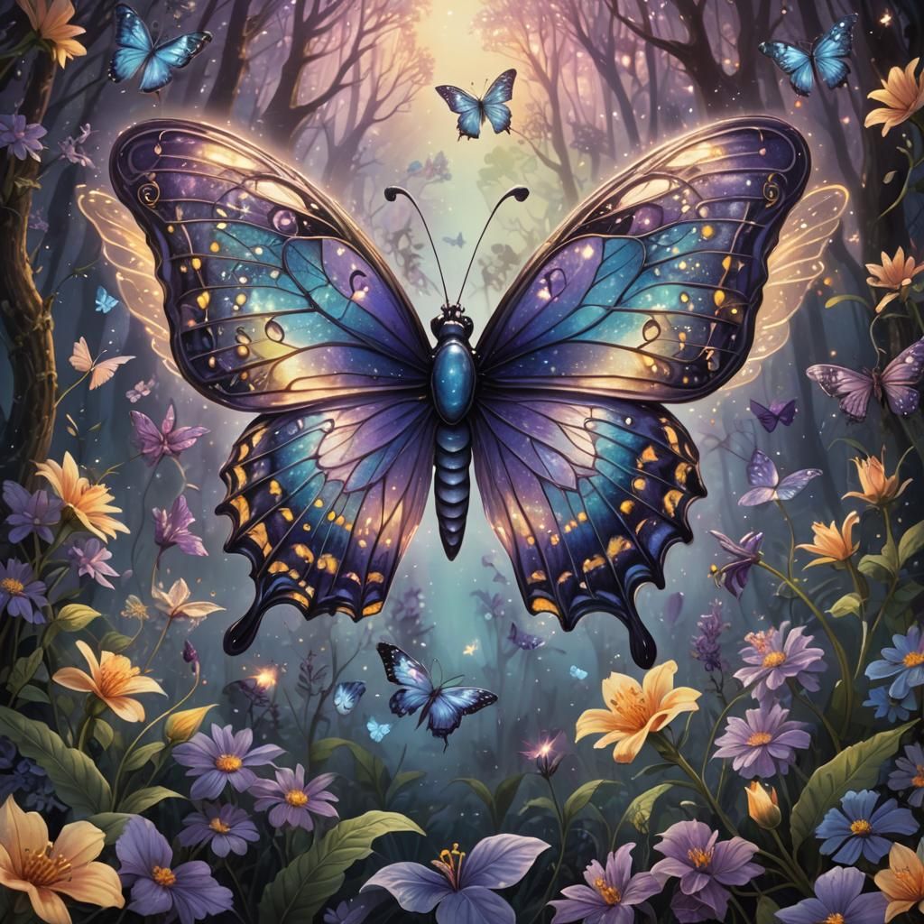 Magical Butterfly with Starry Wings in Enchanted Forest