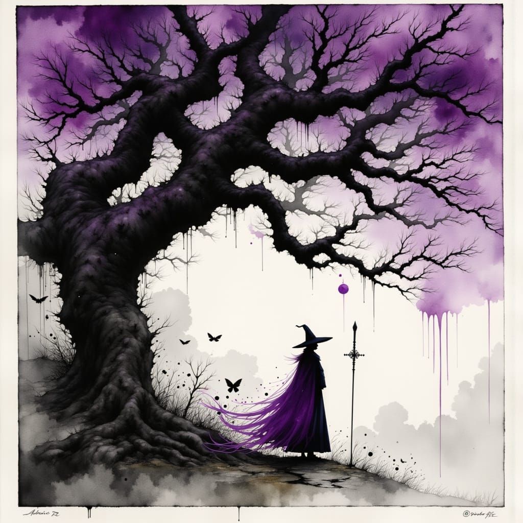 Gloomy Wizard in Gray and Violet, Watercolor Style