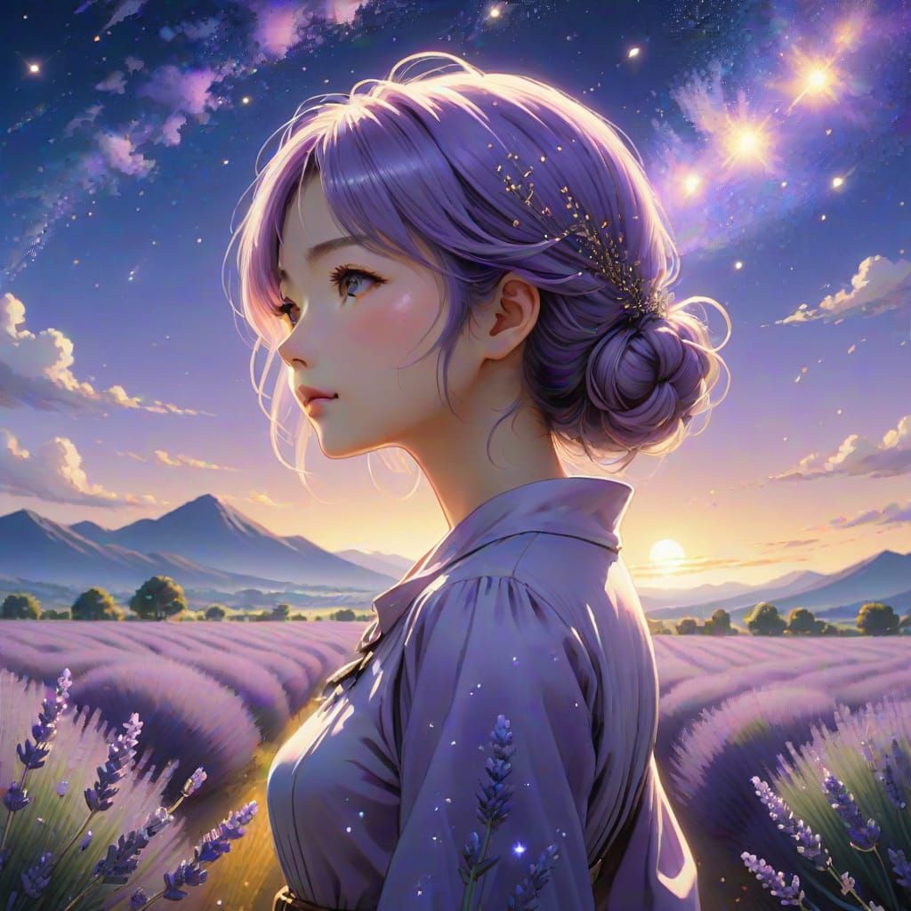 Anime Girl Gazing at Stars in Lavender Field