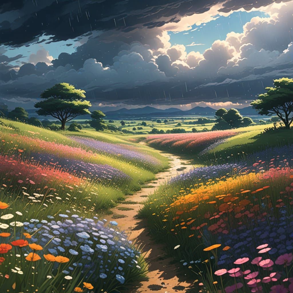 Wildflower Field in Summer Rain: Anime Concept Art