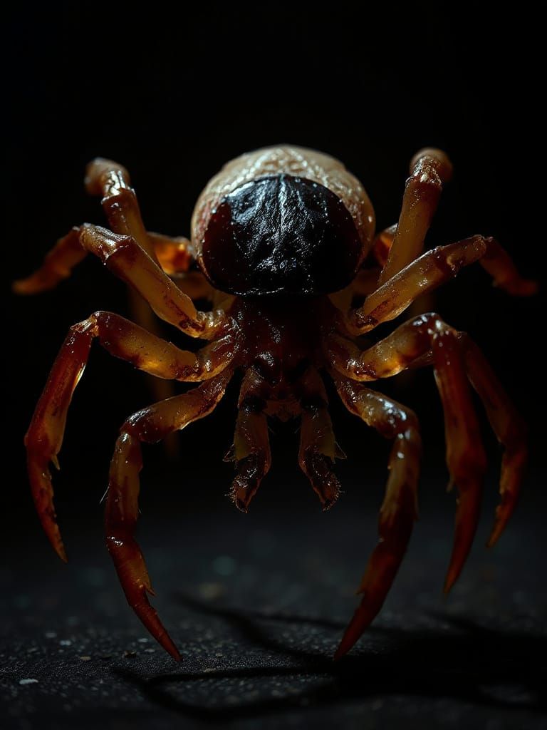 A close-up of a grotesque tick with a sinister, gothic horror atmosphere. The tick's pale, translucent body contrasts sh...
